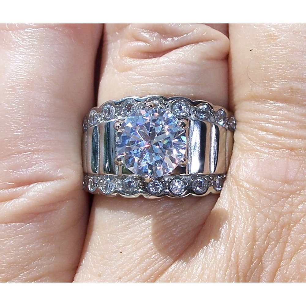 STAINLESS STEEL Round Cut Cubic Zirconia Wide Band Ring - Picture 5 of 16